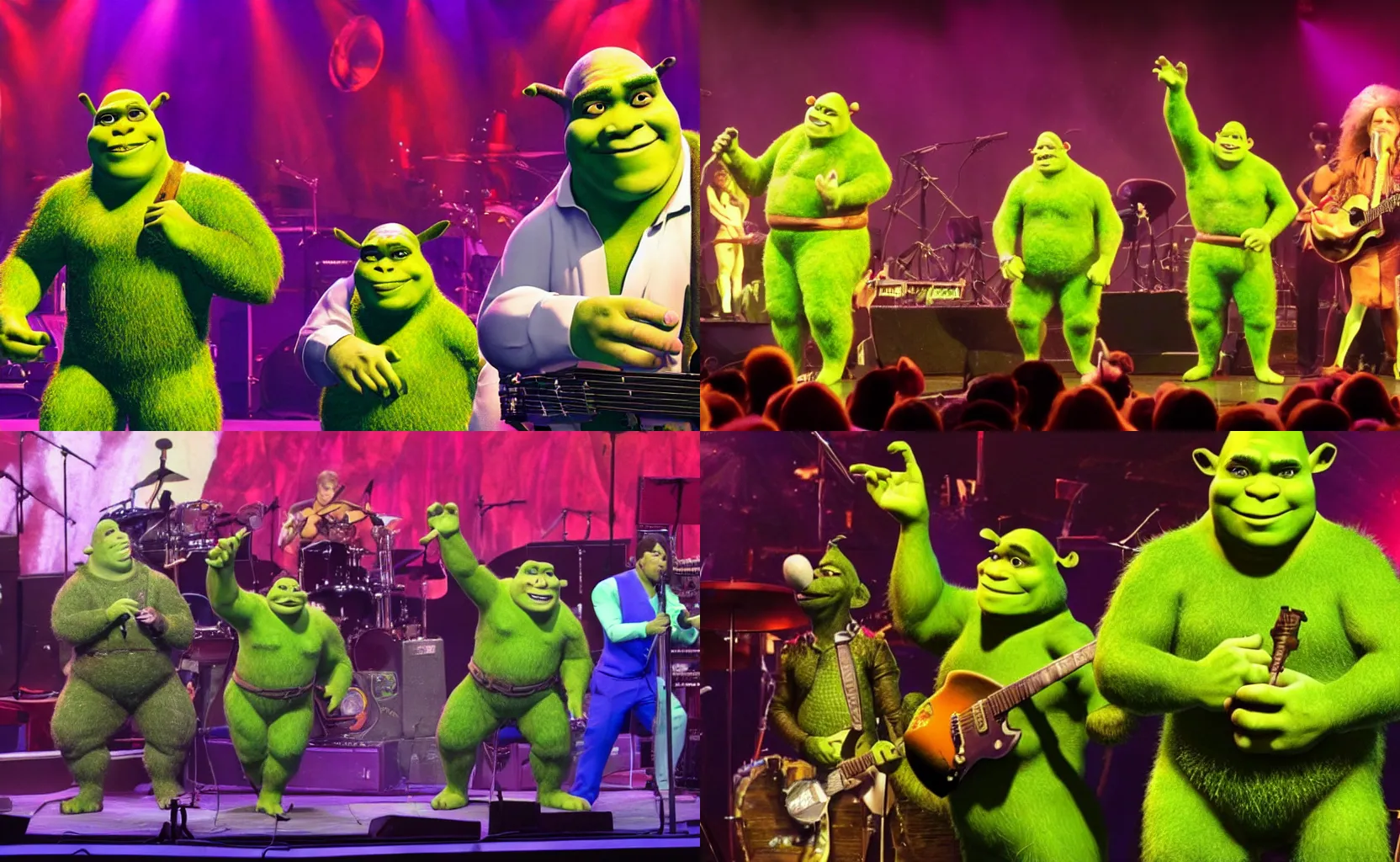Prompt: footage of Shrek and his new age funk band live at Madison Square Garden