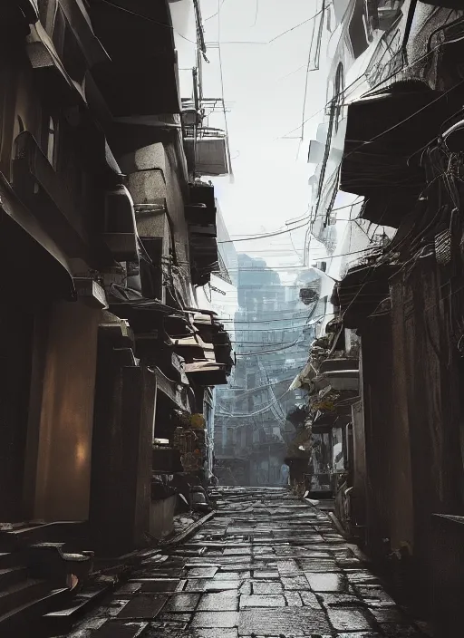 Image similar to hanoi alleyway, unreal engine 5, keyshot, octane, artstation trending, ultra high detail, ultra realistic, cinematic, 8 k, 1 6 k, in style of zaha hadid, in style of nanospace michael menzelincev, in style of lee souder, in style of photogrammetry cloud, in plastic, dark, tilt shift