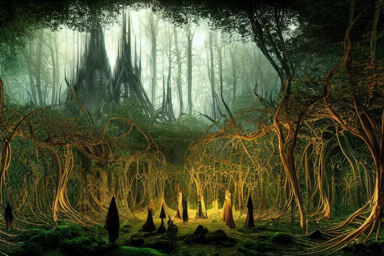 Prompt: a beautiful and highly detailed digital painting of an elven cathedral in a mystical forest, lothlorien, rivendell, mirkwood, celtic designs, intricate details, epic scale, hyperdetailed, hyperrealism,, artstation, cgsociety, 8 k, sharp focus, by caspar friedrich, james gurney, zeen chin, brian froud,