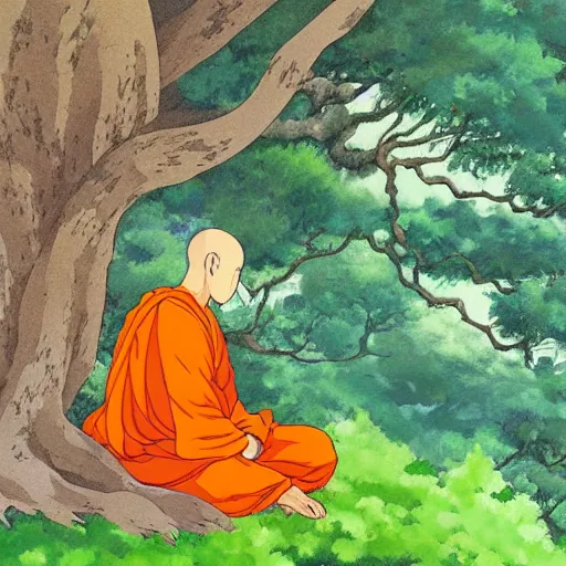 Prompt: Meditating Buddhist monk sat at the base of a large tree on top of a green hill artwork by studio Ghibli