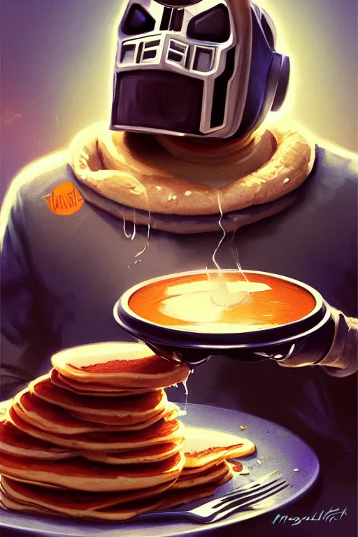 Image similar to mf doom as cooking pancakes animation pixar style, shaded lighting poster by magali villeneuve, album cover, artgerm, jeremy lipkin and michael garmash, rob rey and kentaro miura style, trending on art station