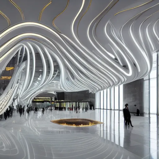 Image similar to extremely detailed ornate stunning beautiful elegant futuristic museum lobby interior by Zaha Hadid