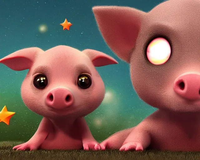 Image similar to 3D Fantasy Cute and adorable space piglet , huge adorable eyes, bright stars, Smooth 3D Illustration, soft render, Servando Lupini, Daniil Kudriavtsev, handpaint texture, Blender, 3DCoat