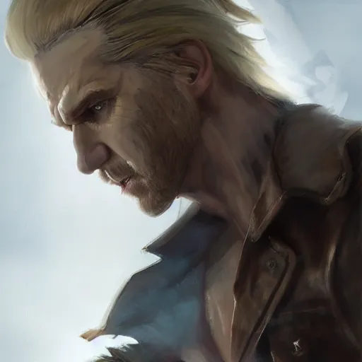 Image similar to portrait of a muscular, grim, ponytail haired blonde man in his late 30's, wearing a thick brown leather coat, looking to his side, scarred face, blue eyes, hunter, DnD character, fantasy character, dramatic lighting, digital art by Ruan Jia, Krenz Cushart, Rossdraws and Boris Vallejo