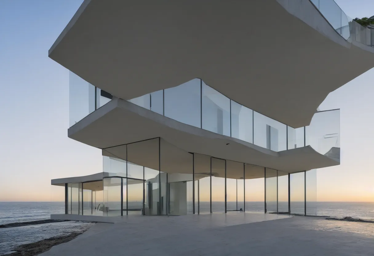 Prompt: Modern house interior with big windows at dawn, Located on a cliff view to the sea minimalistic epic architecture coherent high detail