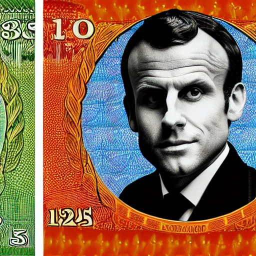Prompt: Macron portrait on the 15 dollar bill