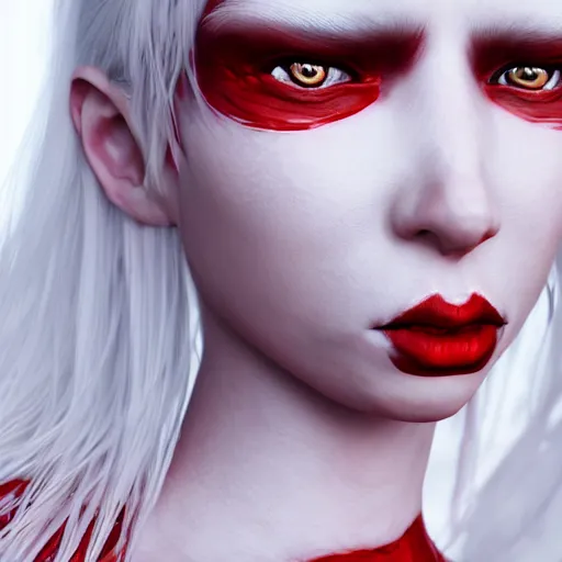 Image similar to a highly detailed beautiful portrait of a humanoid demon girl with white hair, red horns, in white clothes, artstation, deviantart, professional, unreal engine 5, photorealistic