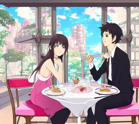 Prompt: A girl and her boyfriend are eating at a fast luxurious restaurant, there are pink hearts around their heads, anime art, hd, smooth, elegant, Studio Ghibli