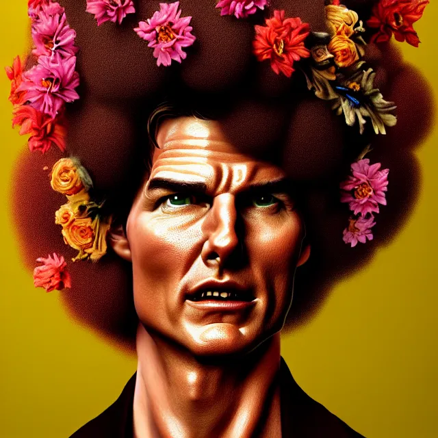 Image similar to bizarre surreal renaissance portrait of tom cruise with an afro made out of various flowers, dramatic cinematic lighting, bold colors, 8 k, beautiful intricate painting, hyper realistic, octane render