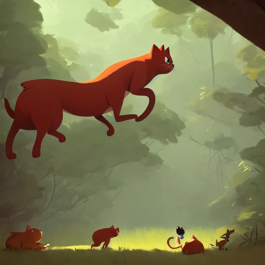 Image similar to Goro Fujita illustrating a big cat calmly walking through the forest, by Goro Fujita, concept art, sharp focus, highly detailed, ArtStation