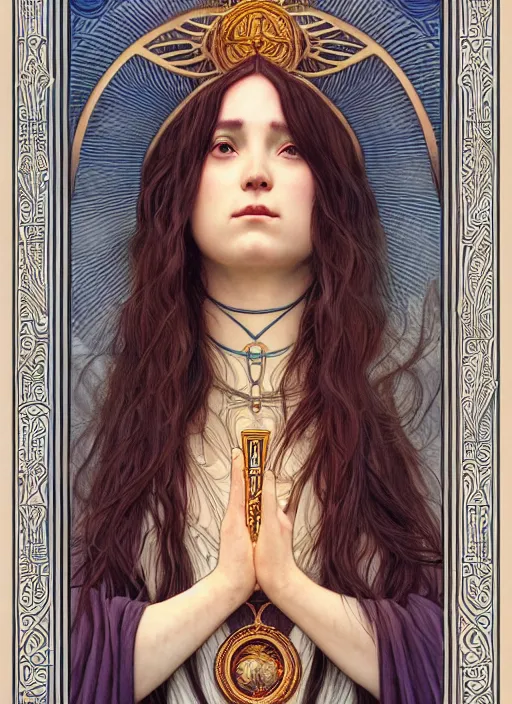 Prompt: beautiful priestess girl tarot card portrait, biomechanical, intricate artwork masterpiece, majestic, elden ring cinematic lighting, volumetric 8 k, by alphonse mucha, apollonia saintclair, josan gonzalez, artgerm, edmund leighton, kilian eng, trending on cgsociety, octane render, 8 k