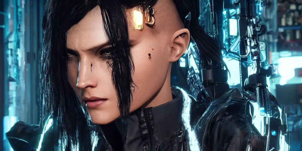 Image similar to black haired woman in a trench coat in a black cyberpunk 2 0 7 7, full body, intricate, highly detailed, face enhance, realistic