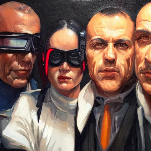 Prompt: portrait of three cyberpunk mobsters, detailed oil painting