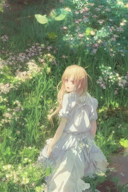 Image similar to a depressed digital art, loli in dress, garden, green and warm theme, blue accents, back lighting, highly detailed, 4 k resolution, trending on art station, by krenz cushart and mucha and akihito yoshida and greg rutkowski and makoto shinkai