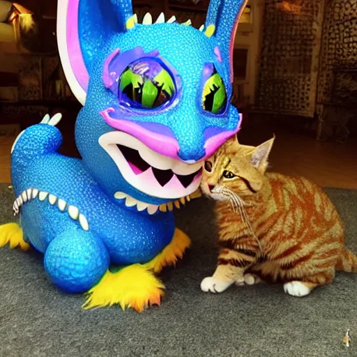 Image similar to a cute eastern dragon with big eyes and friendly + a cute cat