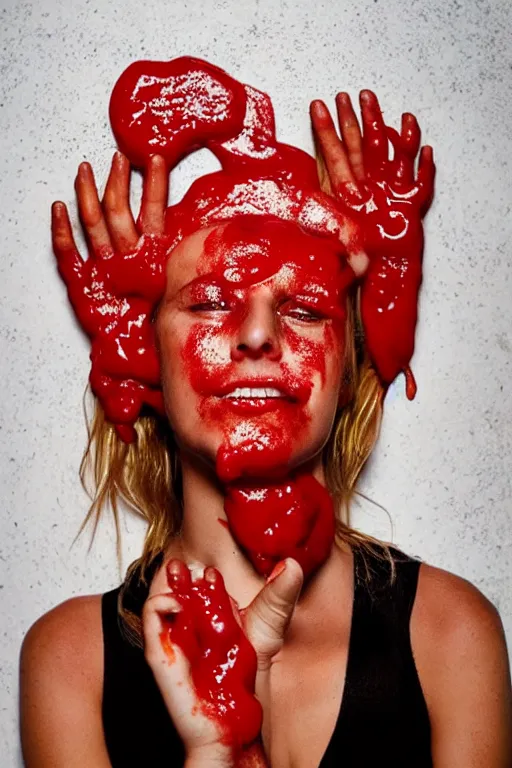 Image similar to melanie laurent made out of ketchup, ketchup in the shape of a human being, professional food photography