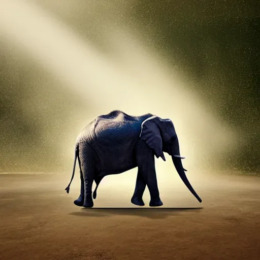 Image similar to an elephant crumbles and turns into dust that disperses in the air, photorealistic