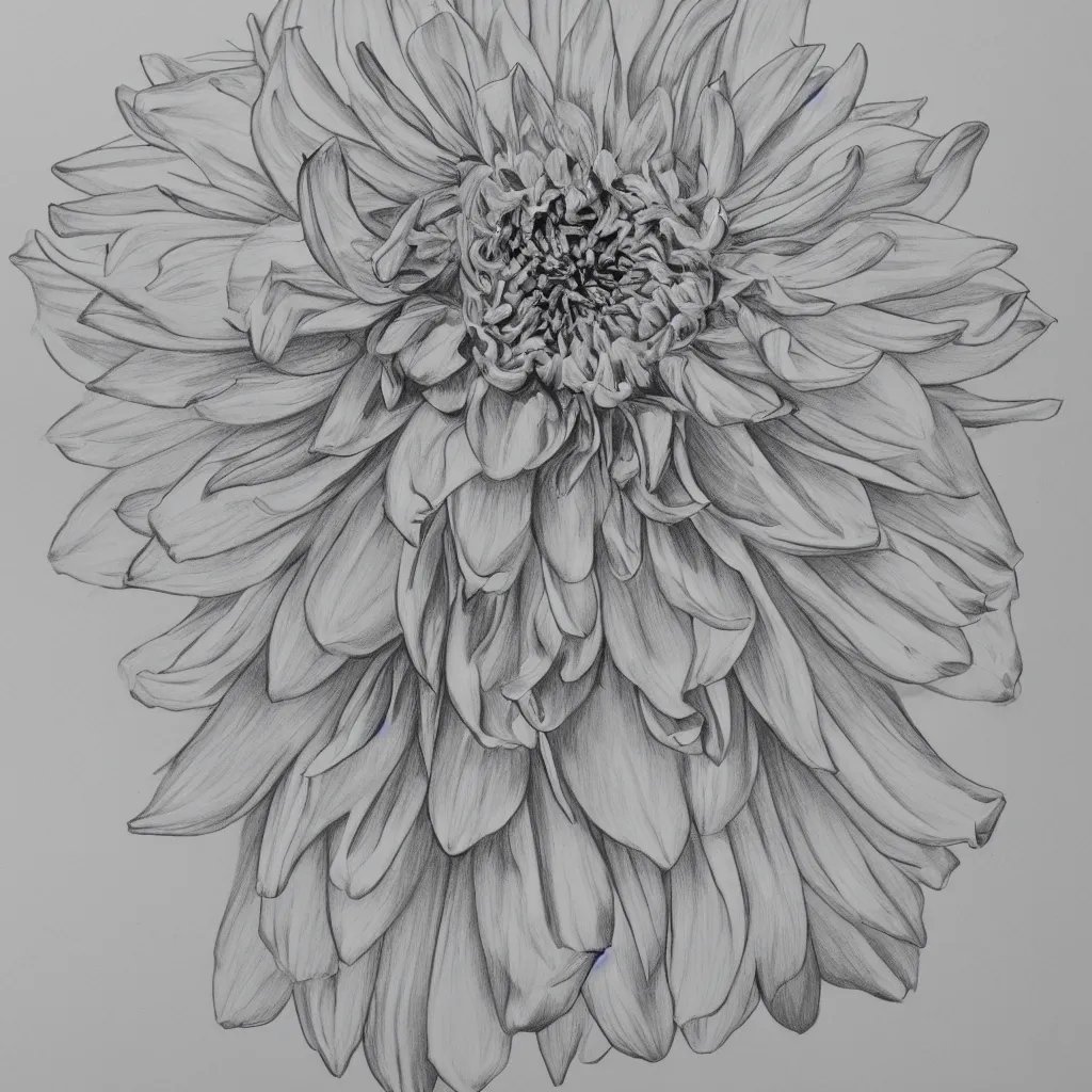 Prompt: highly detailed sketch of a melting white dahlia, drawn on paper, realistic lighting, monochrome