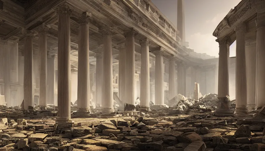 Prompt: ruins of the fully destroyed washington dc's capitol, volumetric light, hyperdetailed, artstation, cgsociety, 8 k