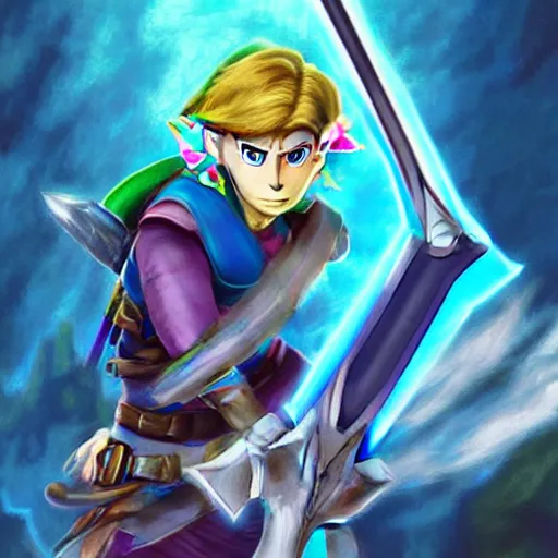 Image similar to Link proudly holding up the master sword, masterpiece, digital art, 8k , very detailed