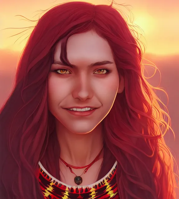 Prompt: in the style of artgerm and Andreas Rocha and Joshua Middleton, beautiful Native American young woman with long hair and red paint strip across eyes, smile on face, Symmetrical eyes symmetrical face, bead necklace, scenic prairie in background sunrise, natural lighting, warm colors