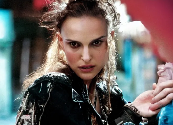 Prompt: promotional image of natalie portman as a british punk rocker in the 80s, rugged black clothes, dyed short hair, tatoos, detailed face, movie still frame, promotional image, imax 70 mm footage