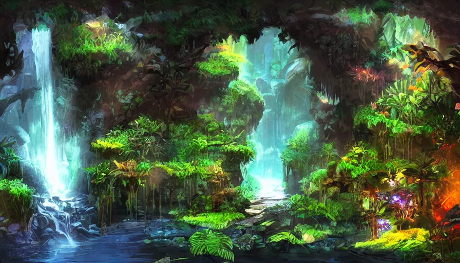 Image similar to concept art of underground jungle cave with waterfalls, luminescent plants, colorful, high detailed