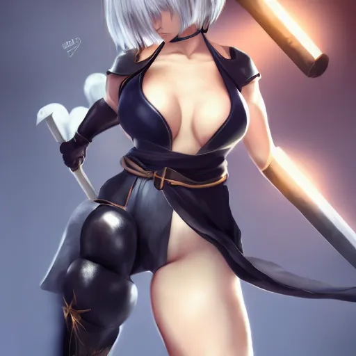 Prompt: Chun Li as 2B from Nier Automata and with slender body type with long hair standing holding a sword, trending in artstation, artstationHD, artstationHQ, wallpaper, 4k