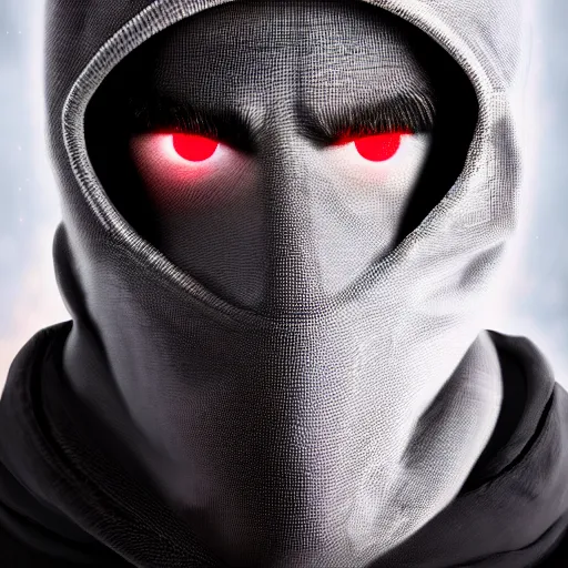 Image similar to a highly detailed headshot portrait of a man wearing a balaclava with a hoodie with glowing red eyes concept art