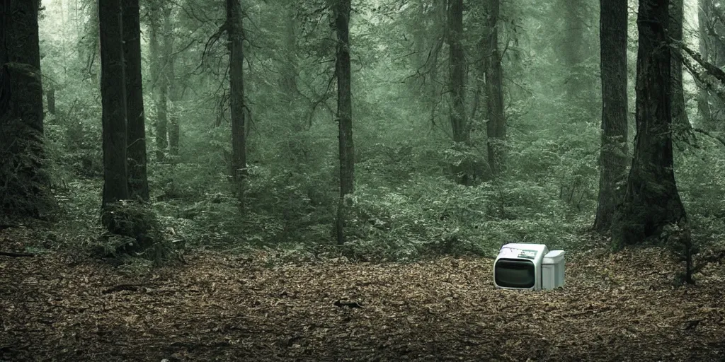 Prompt: washing machine in a forest shot by david fincher