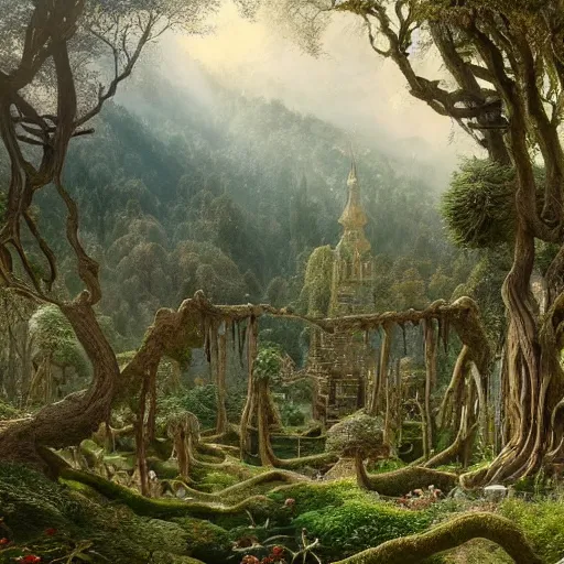 Image similar to a beautiful and highly detailed matte painting of an elven garden palace in a breath taking forest in a deep valley in the beautiful mountains of avalon, celtic knots, detailed woody trees, intricate details, epic scale, insanely complex, 8 k, sharp focus, hyperrealism, very realistic, by caspar friedrich, albert bierstadt, james gurney, brian froud,