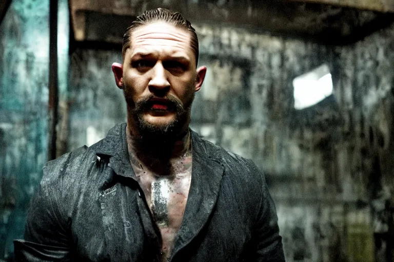 Image similar to film still of Tom Hardy as Max Payne in a creepy funhouse in the Max Payne movie, 4k