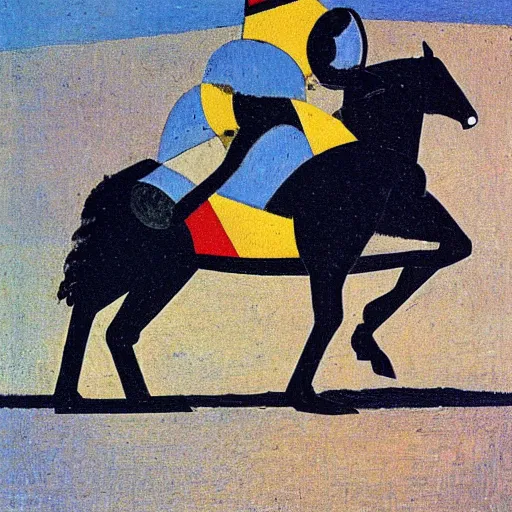 Prompt: horse flying over an austronaut that stays on the ground. by kazimir malevich