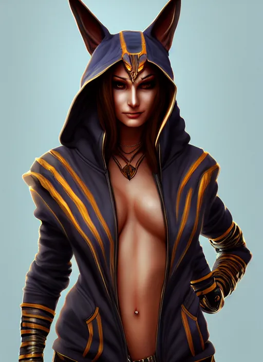 Image similar to pretty woman wearing an anubis hoodie, highly detailed, artgerm style, artstation, soft light, sharp focus, illustration, character design, concept art