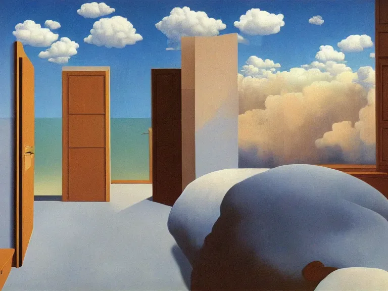 Prompt: room with clouds wallpapers on the walls, painting by rene magritte, centered, high detail, high resolution