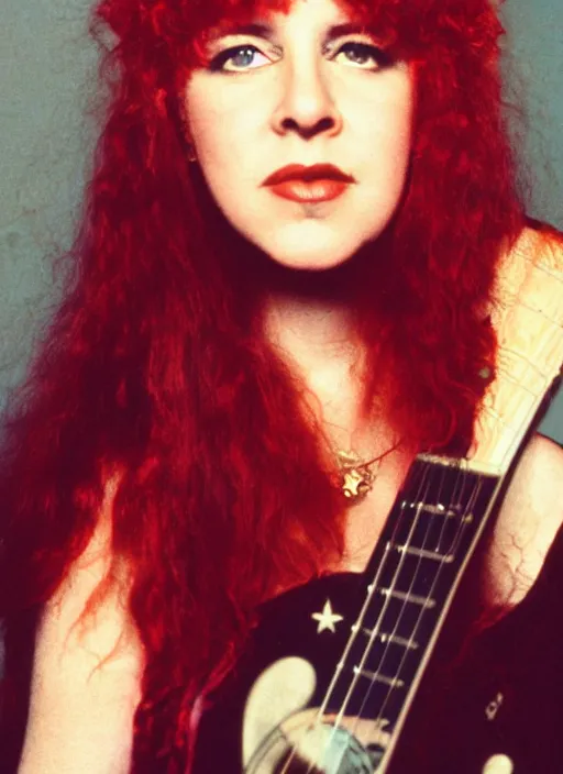 Image similar to dslr portrait photo still of 2 4 year old stevie nicks at age 2 4 with red hair playing a guitar, 8 5 mm, f 1. 8