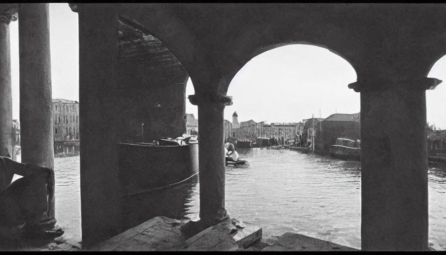 Prompt: 1 9 6 0 s movie still by tarkovsky of an elder socrates in a barque on a canal between two walls with columns, cinestill 8 0 0 t 3 5 mm b & w, high quality, heavy grain, high detail, panoramic, ultra wide lens, cinematic composition, dramatic light, anamorphic, raphael style, piranesi style
