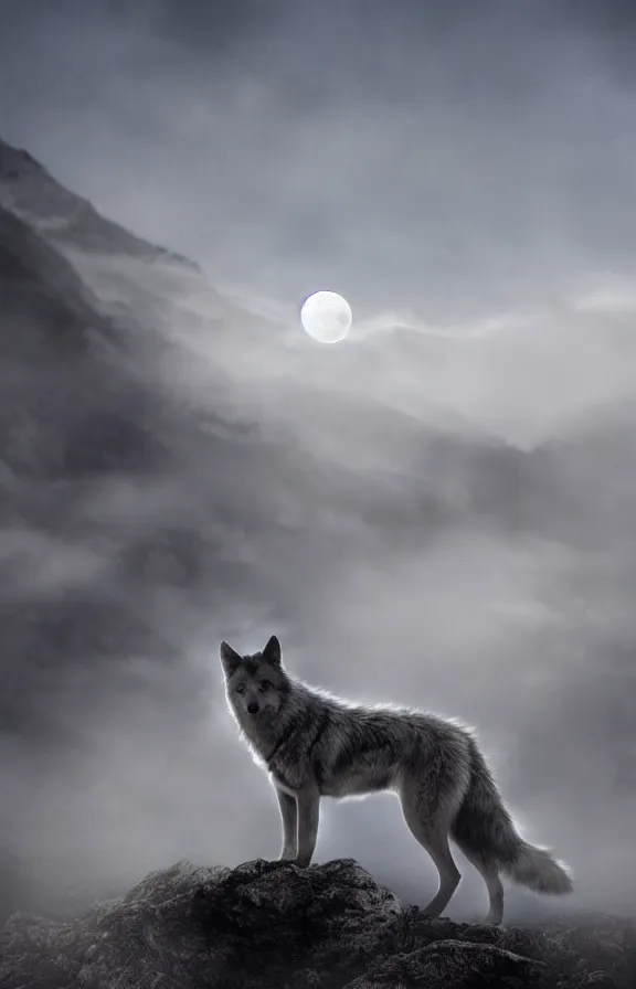 Prompt: a photograph of a wolf at full moon in a mountainous environment, full moon with fog and clouds, concept art, epic lighting, cinematographic