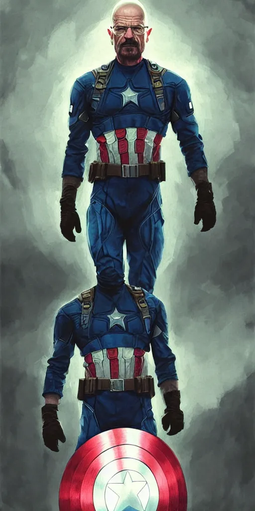 Prompt: walter white in captain america suit, detailed intricate illustration, dark atmosphere, detailed illustration, hd, 4 k, digital art, overdetailed art, by greg rutkowski, by loish, complementing colors, trending on artstation, deviantart