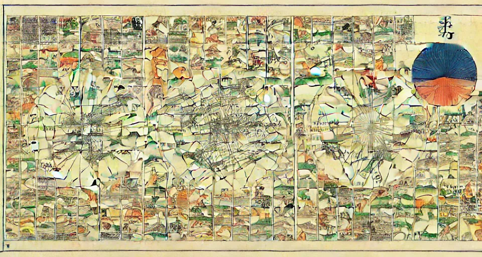 Prompt: isometric miniature map dashboard with time series charts, pie plots and other modern graphics, with small creatures on it. monografia by diego rivera ( ukiyo - e influence )