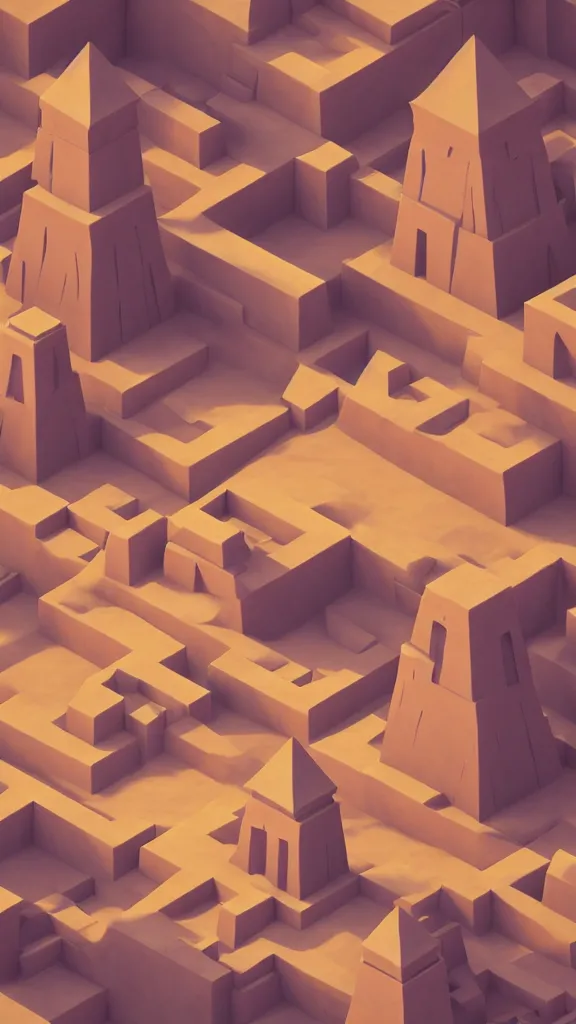 Prompt: matte 3 d low poly scene of a desert temple, lat lighting, isometric perspective on tropical beach background, soft shadows, 3 d render, monument valley, fez game,