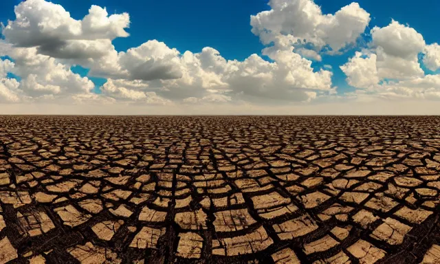 Image similar to panorama of a weather phenomemon where big raindrops fly upwards into the perfect cloudless blue sky from a dried up river in a desolate land, dead trees, blue sky, hot and sunny highly-detailed, elegant, dramatic lighting, artstation, 4k, cinematic landscape, photograph by Elisabeth Gadd, National Geographic