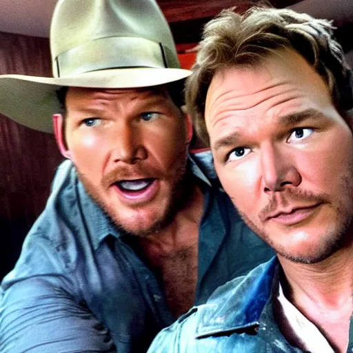 Image similar to chris pratt as indiana jones 5, epic pose, selfie with harrison ford