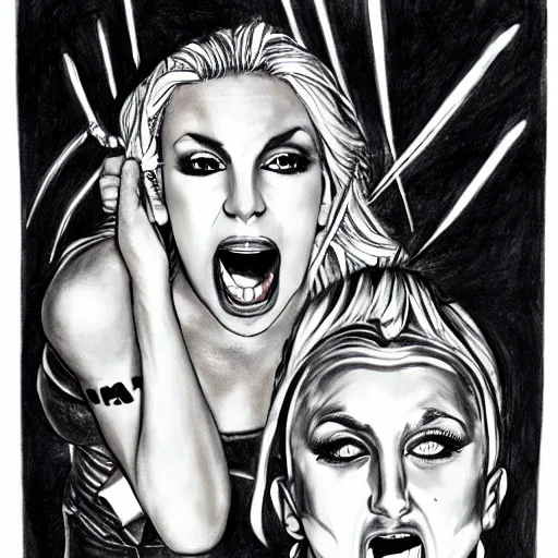 Prompt: drawing of britney fighting with lady gaga, angry faces