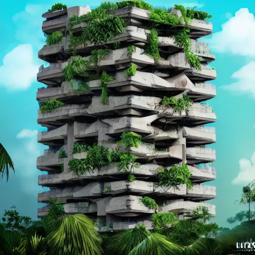 Image similar to A brutalist tower in the middle of a tropical jungle, by Brick Visual, by Luxigon, trending on Artstation