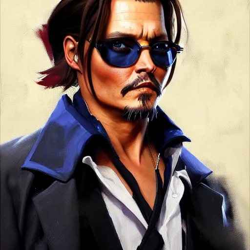 Image similar to greg manchess portrait painting of johny depp as overwatch character, medium shot, asymmetrical, profile picture, organic painting, rainy day, matte painting, bold shapes, hard edges, street art, trending on artstation, by huang guangjian and gil elvgren and sachin teng