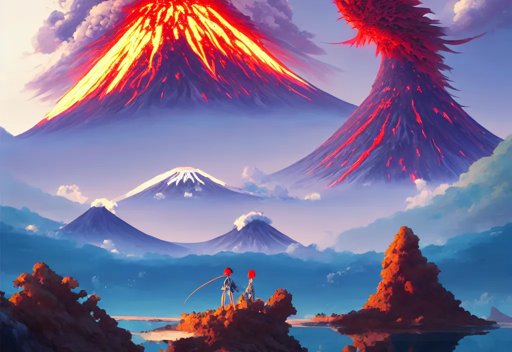 Image similar to giant fishbones with a volcano in the background, intricate oil painting, high detail illustration, sharp high detail, manga and anime 1 9 9 9, official fanart behance hd artstation by jesper ejsing and makoto shinkai, 4 k,