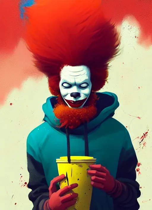 Image similar to highly detailed portrait of ronald mcdonald, red afro, yellow hoodie, white facepaint by atey ghailan, by greg rutkowski, by greg tocchini, by james gilleard, by joe fenton, by kaethe butcher, gradient blue, black, brown and cyan color scheme, grunge aesthetic!!! ( ( graffiti tag wall background ) )