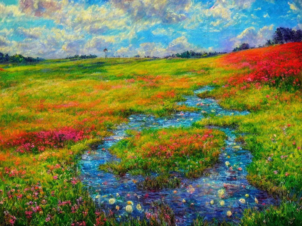 Image similar to an impressionist painting of a gorgeous meadow filled with colorful mushrooms with a stream flowing through it, psychedelic colors, colorful sky in background, high detail, trending on artstation