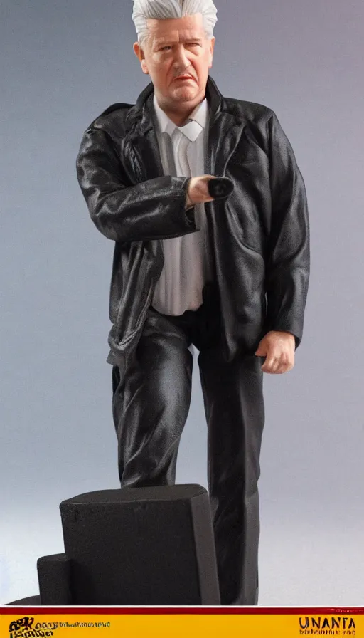 Image similar to hot toys figurine of david lynch, realistic, up close image, 1 / 1 6 th scale, unopened, listing image, hd